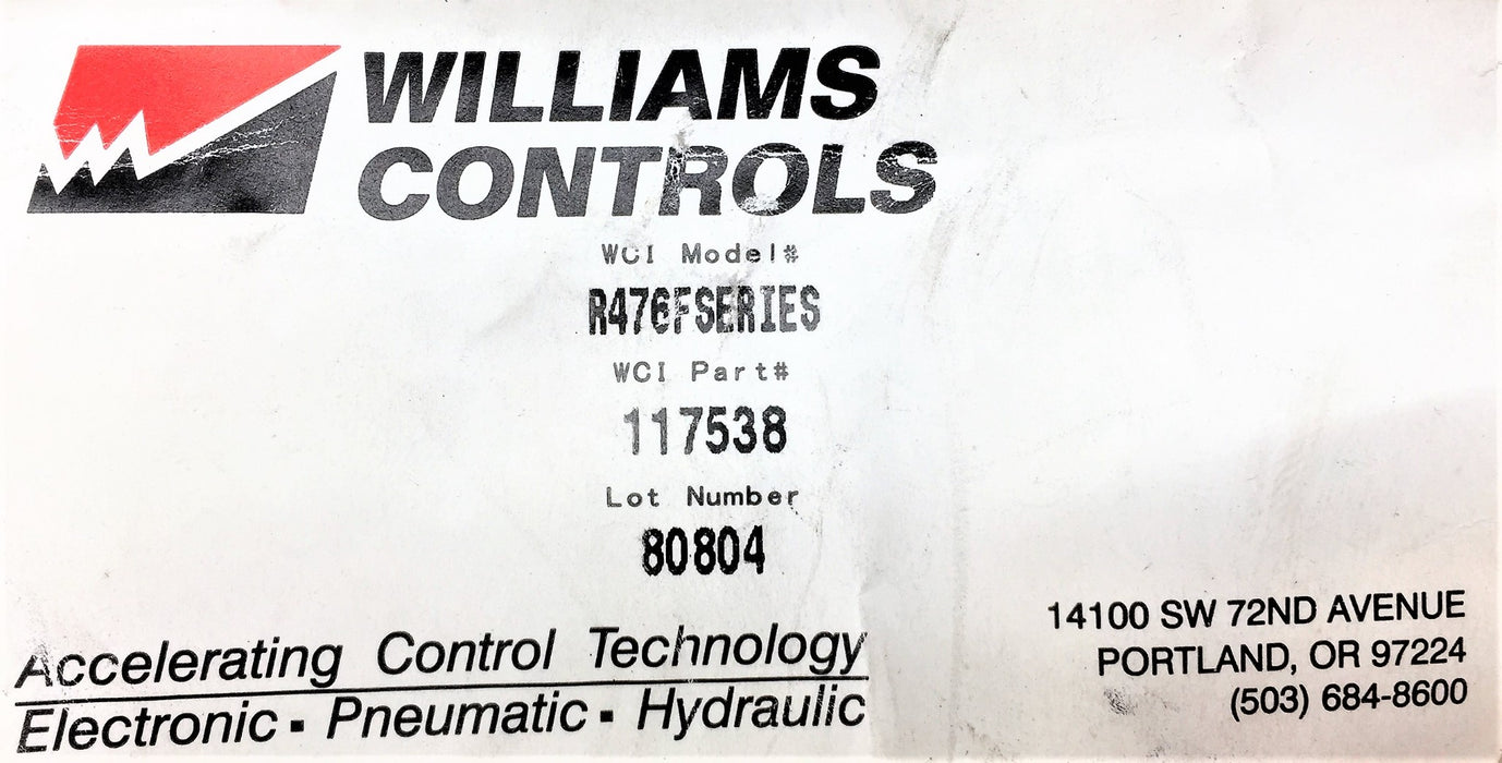 WILLIAMS CONTROLS R476F SERIES Repair Kit 117538 NOS