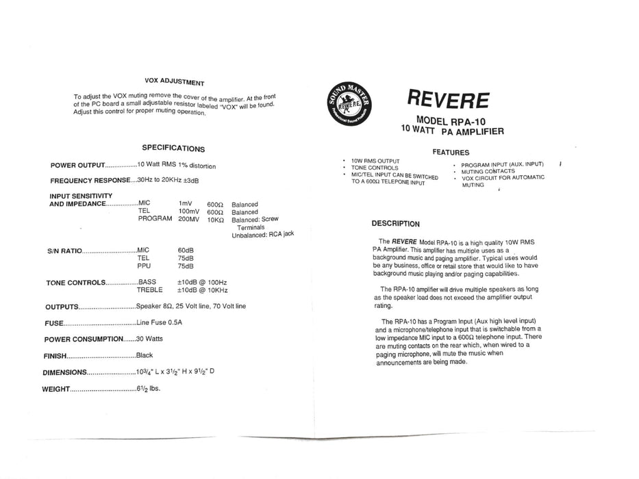 Revere 10 Watt PA Amplifier RPA-10 NOS