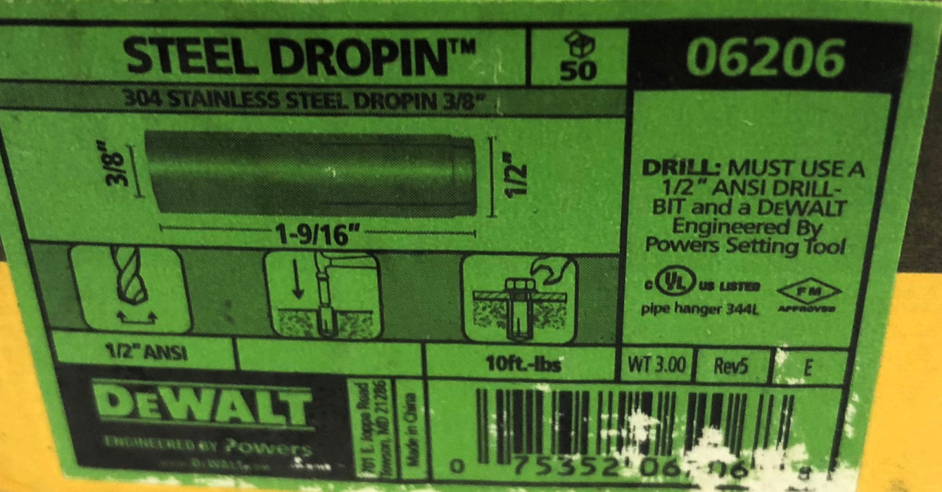 DeWalt Set of 47 Pieces 304 Stainless Steel 3/8 Inch Dropin 06206 NOS