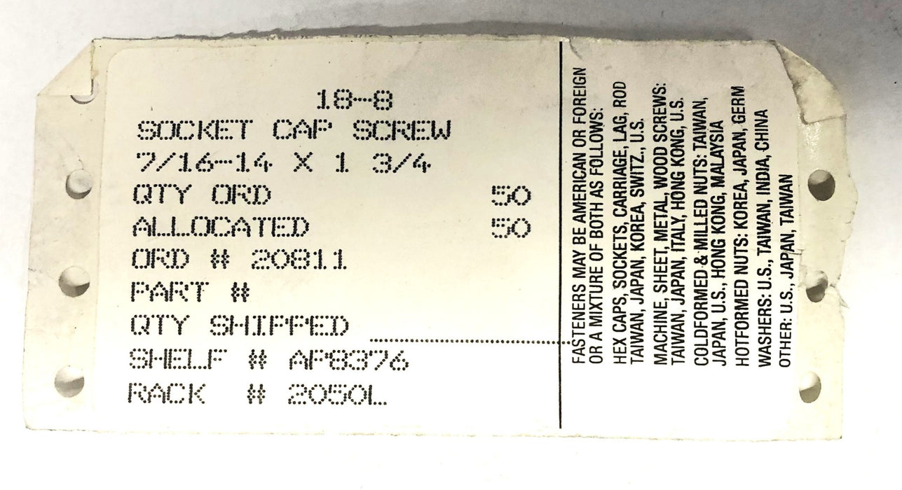 Unbranded 18-8 Socket Cap Screw 7/16-14X1-3/4 [Lot of 15] NOS