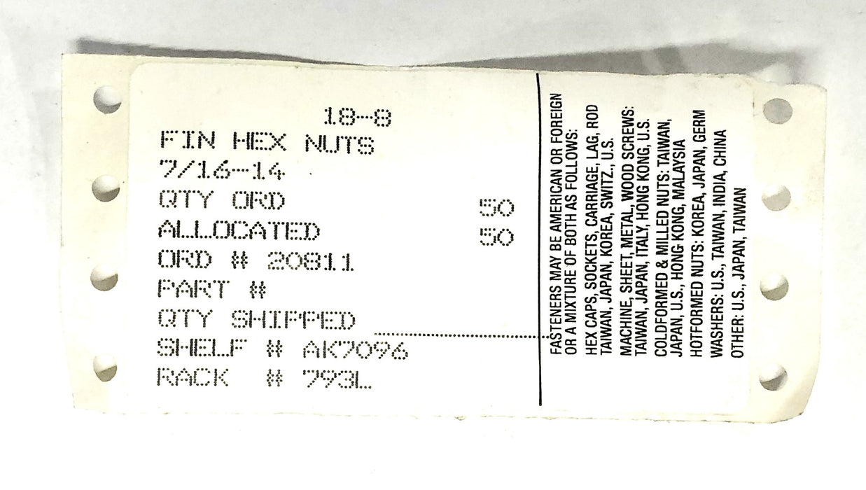 Unbranded 18-8 Fin Hex Nut 7/16-14 [Lot of 20] NOS