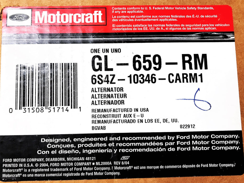 Motorcraft Ford Remanufactured Alternator Assembly GL-659-RM NOS