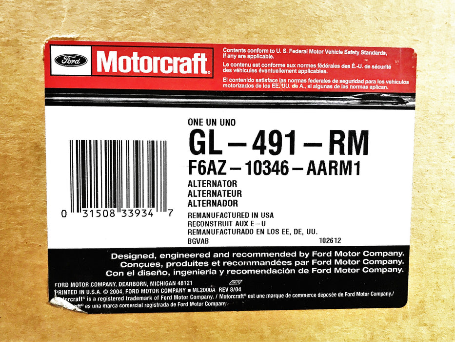 Motorcraft Ford Remanufactured Alternator Assembly GL-491-RM NOS