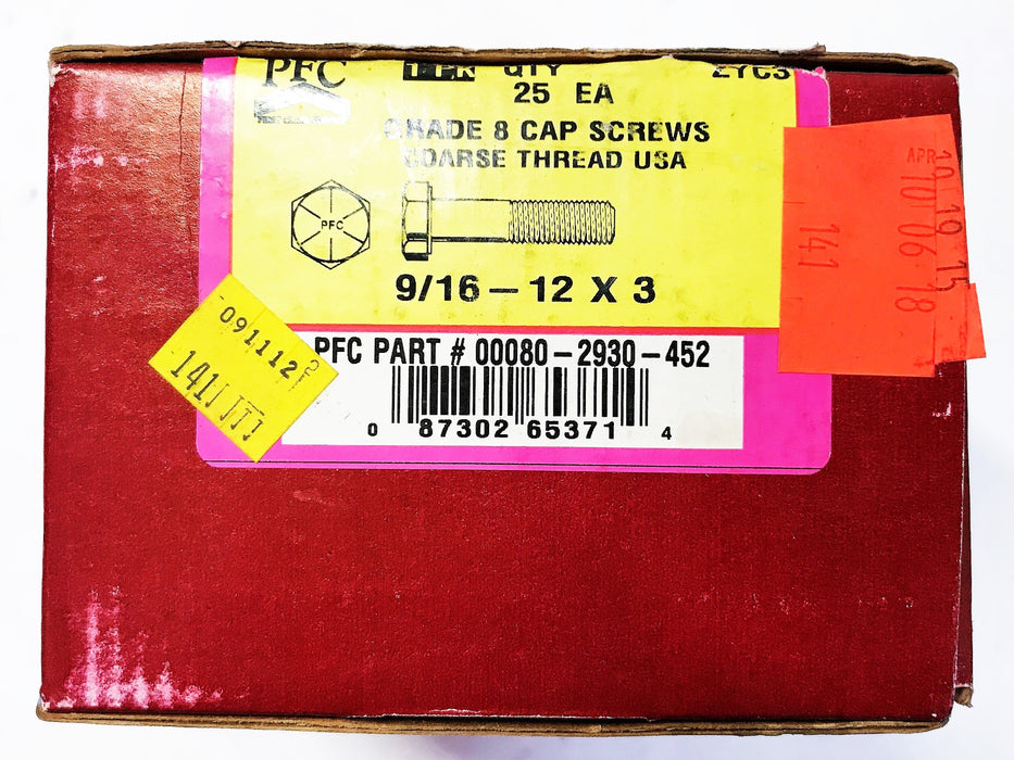 PFC Grade 8 Cap Screws 9/16"-12x3" 80-2930-452 [Lot of 25] NOS