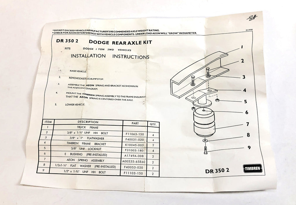 Timbren Rear Suspension Enhancement Load Booster Kit DR3502 NOS