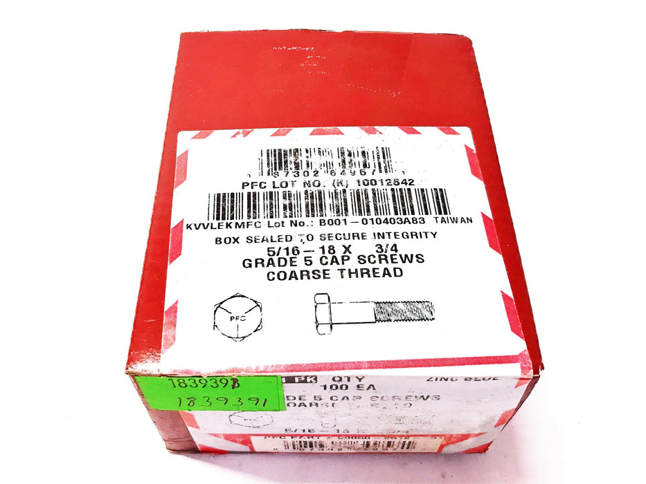 PFC Grade 5 Cap Screw 5/16"-18x3/4 50-2612-51 [Lot of 100] NOS