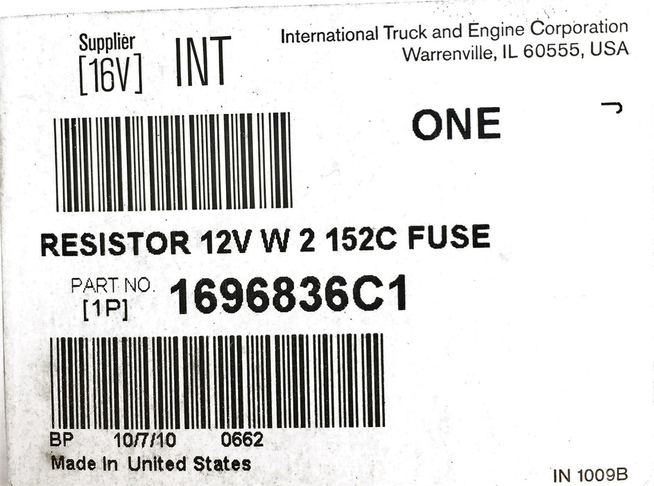 International/Navistar Resistor 12V w/Fuse 1696836C1 NOS