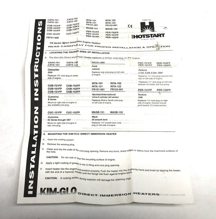 Kim Hotstart Engine Block Heater CUB-101FP NOS