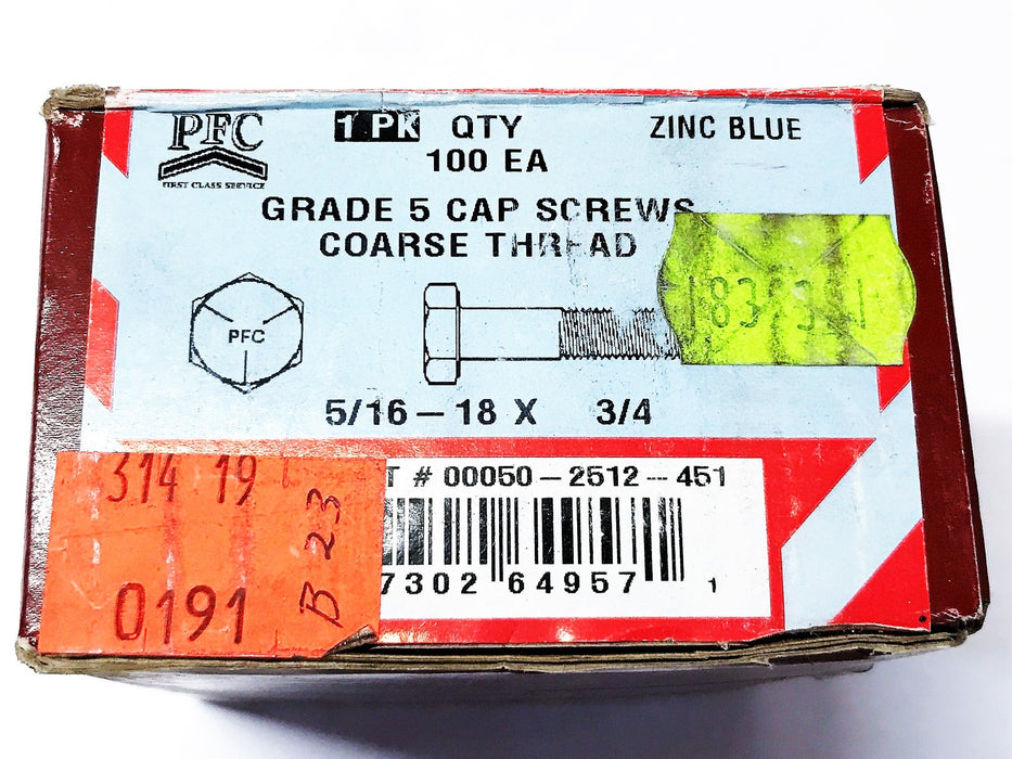 PFC Grade 5 Cap Screws 5/16"-18x3/4" 50-2512-451 [Lot of 100] NOS