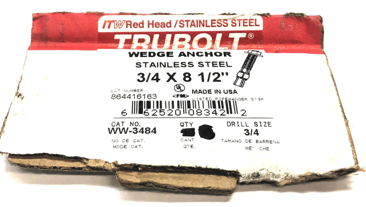ITW Red Head Trubolt 3/4" X 8-1/2" Stainless Steel Anchor WW-3484 [Lot of 3] NOS