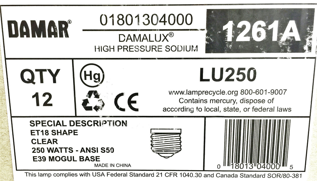 Damar/Damalux High Pressure Clear Sodium Bulb LU250 [Lot of 12] NOS