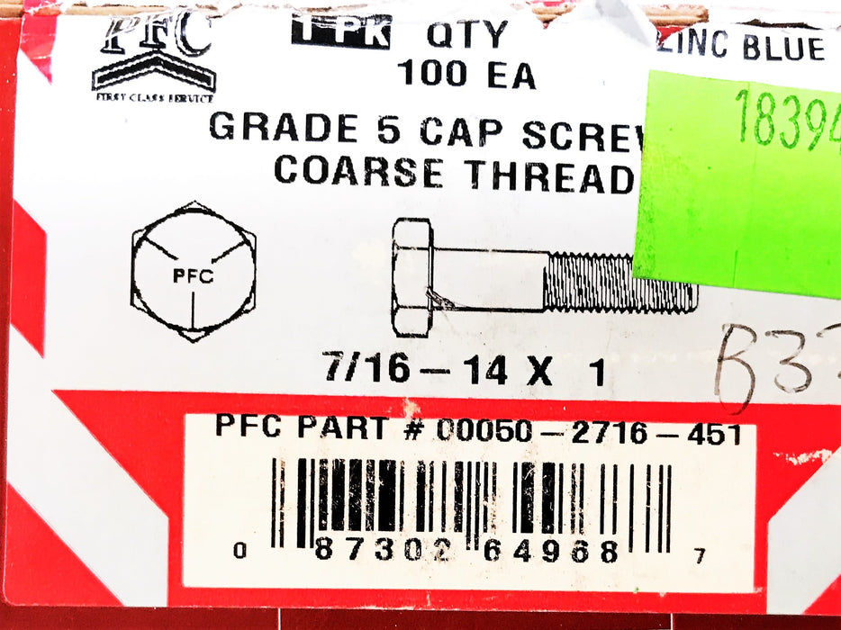 PFC 7/16"-14 x1" Grade 5 Hex Head Cap Screws 50-2716-451 [Lot of 100] NOS