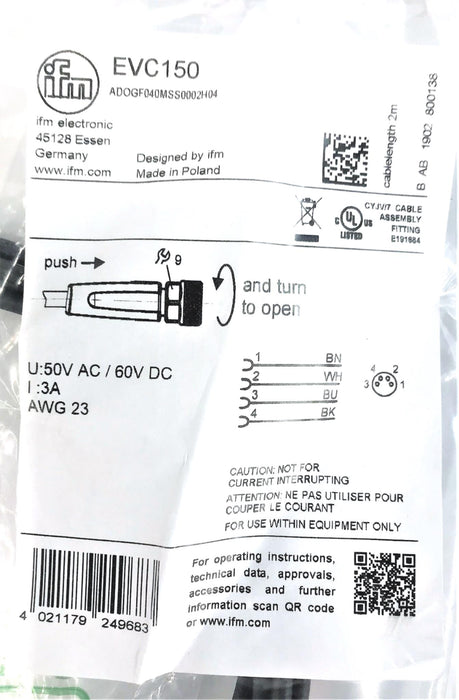 ifm electronic 50V AC/60V DC Cable Assembly EVC150 NOS