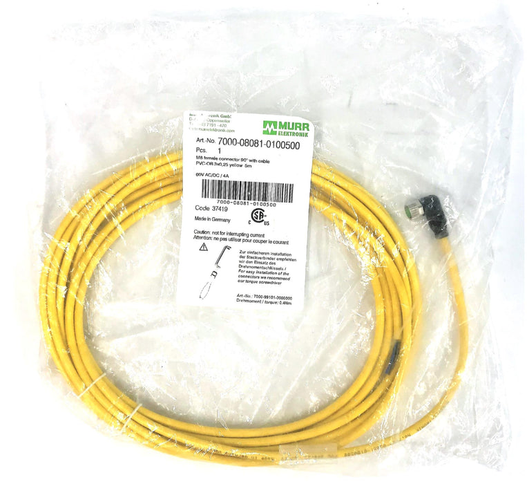 Murr Elektronik M8 Female 90 Degree Connector with Cable 7000-08081-0100500 NOS