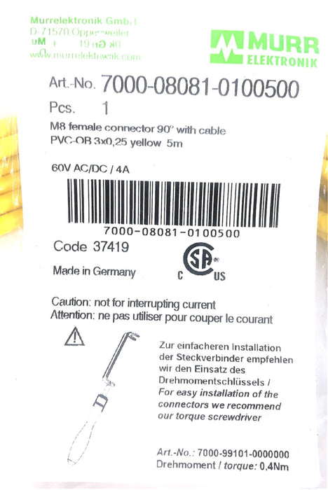 Murr Elektronik M8 Female 90 Degree Connector with Cable 7000-08081-0100500 NOS