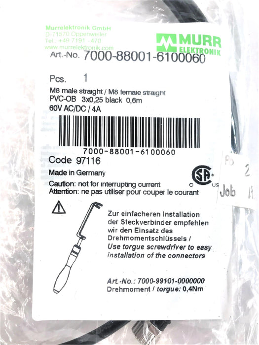 Murr Elektronik M8 Male/Female Straight Connecting Cable 7000-88001-6100060 NOS