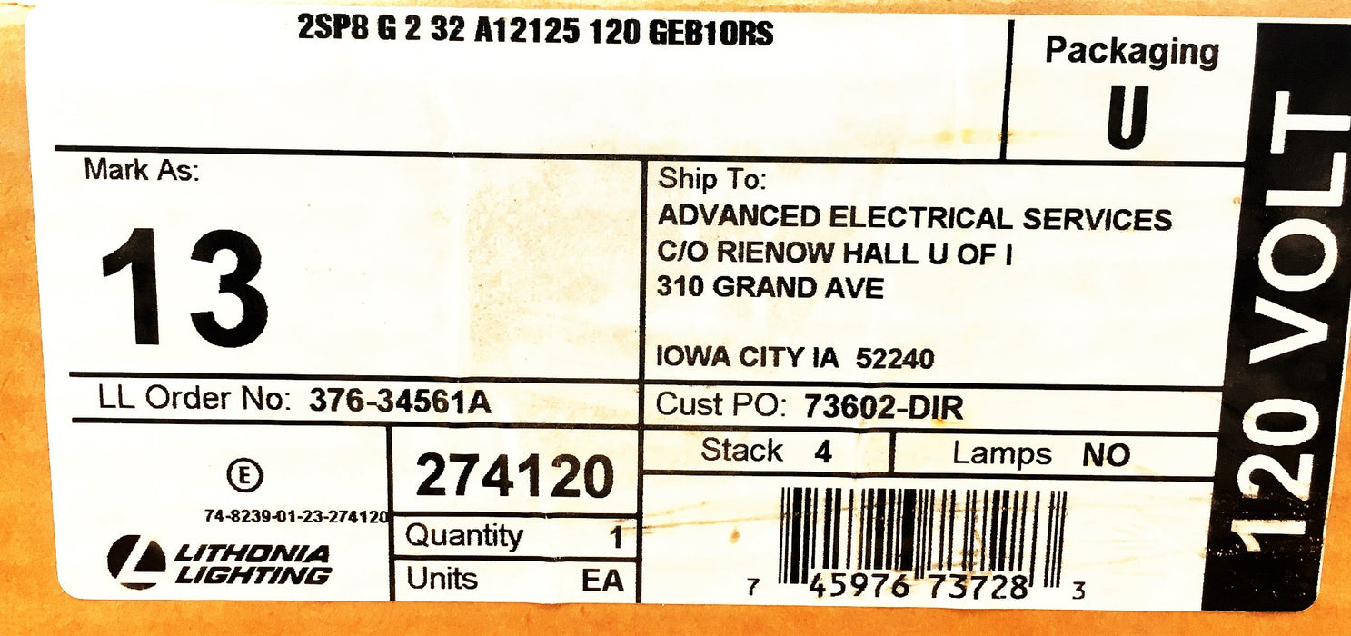 Lithonia Lighting Electronic Ballast 2SP8 G 2 32 A12125 120 GEB10RS (274120) NOS