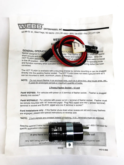 Webb Enterprises 12 Volt 2-Prong Flasher Socket WEF600/WEF600LE NOS