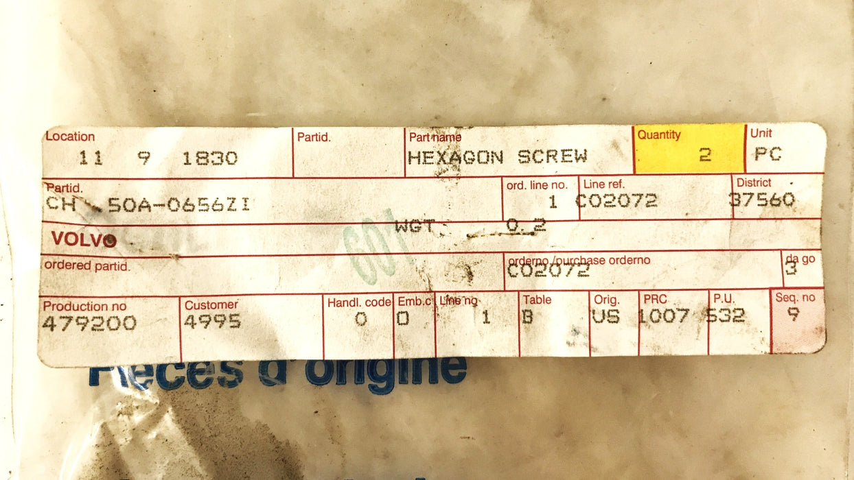 Volvo 6-3/4" x 3/8" Hex Screw CH50A-0656ZI [Lot of 2] NOS