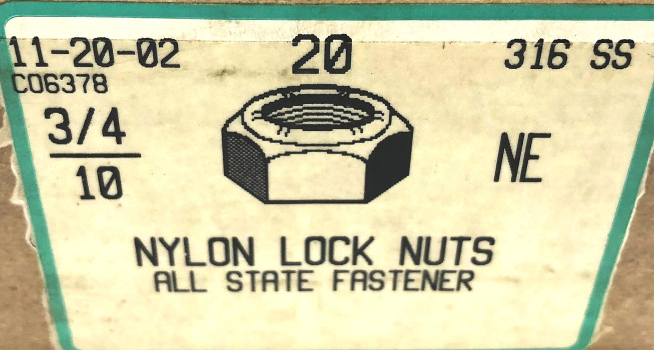 All State Fastener Pack of (20) 316SS 3/4-10 Nylon Lock Nuts NOS