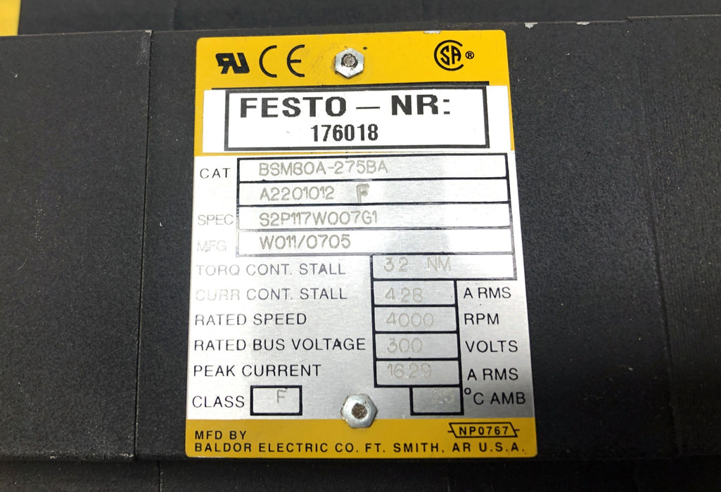 Baldor 4000RPM 300V AC Servo Motor BSM80A-275BA (S2P117W007G1) USED