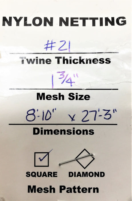 GOUROCK 8'-10" x 27'-3" #21 Twine Thickness 1-3/4" Square Mesh Nylon Netting NOS