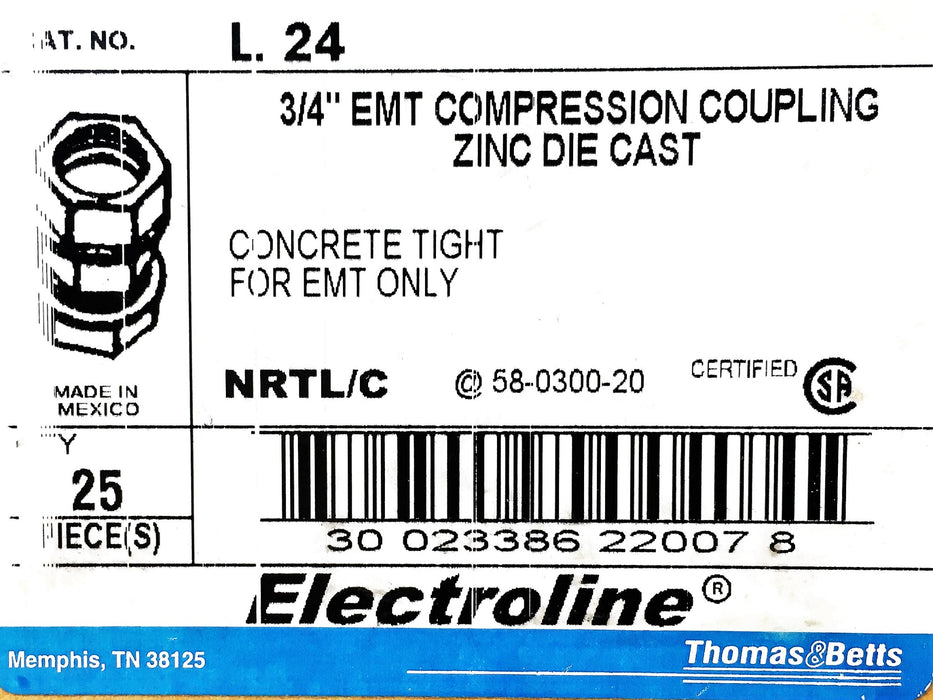 Electroline 3/4 Inch Zinc Die Cast EMT Compression Coupling L24 [Lot of 19] NOS