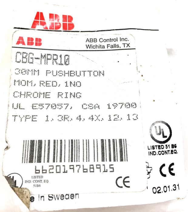 ABB 30mm Red Push Button Assembly CBG-MPR10 NOS