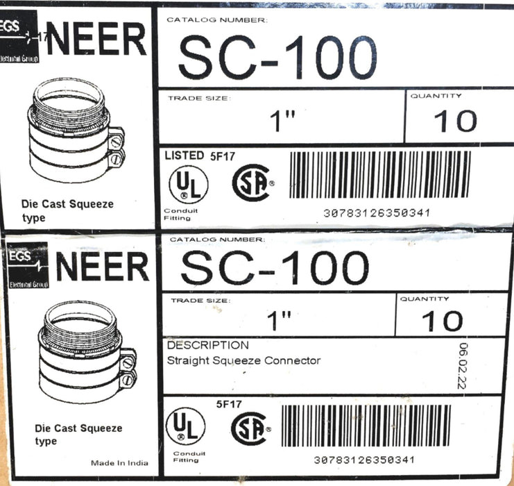 Neer 1 Inch Straight Die Cast Squeeze Type Connector SC-100 [Lot of 4] NOS