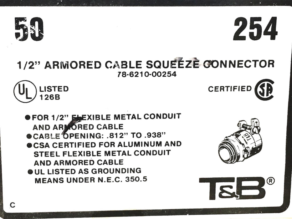 Thomas & Betts 1/2 Inch Armored Cable Squeeze Connector 254 [Lot of 14] NOS