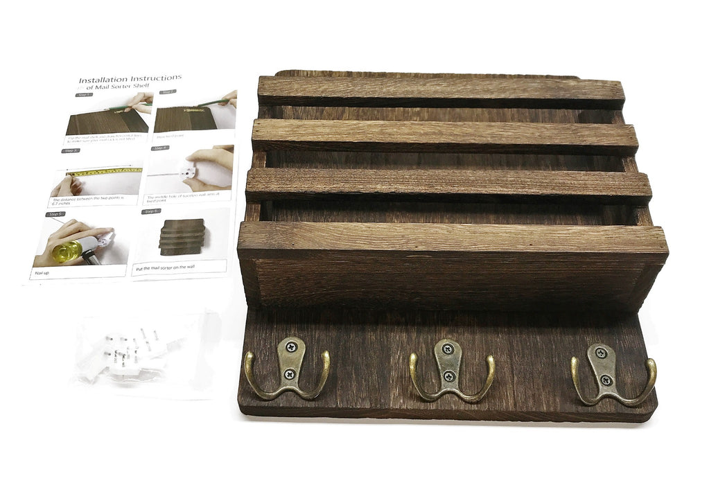 Mkono Wall Mounted Rustic Brown Mail Sorter/Key Holder NOS
