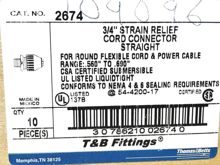 Thomas & Betts 3/4 Inch Strain Relief Cord Connector 2674 [Lot of 5] NOS