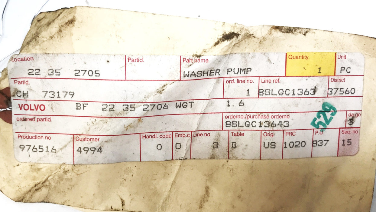 Volvo OEM Washer Pump and Reservoir CH73179 NOS