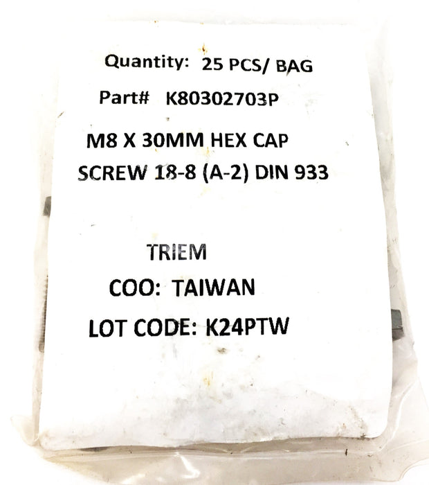 Triem M8 x 30mm Hex Cap Screw Pack (25pcs) 18-8 (A-2) DIN 933 K80302703P NOS