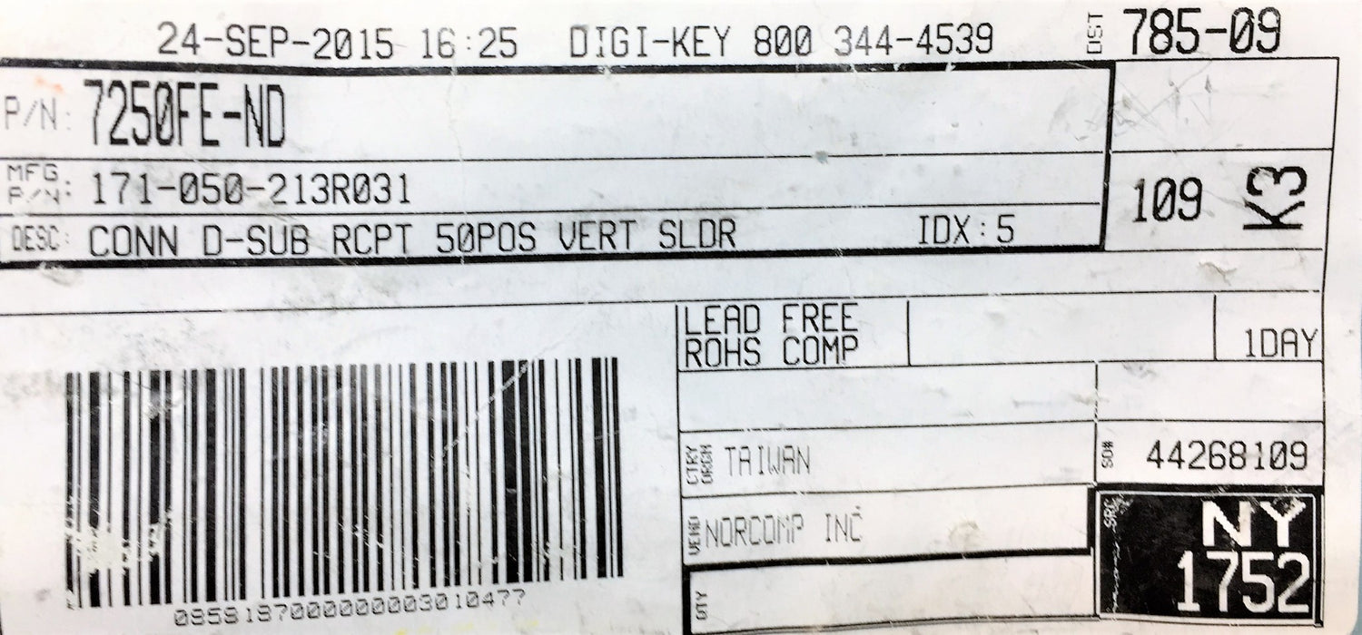 NORCOMP Connector D-Sub RCPT 50POS Vert SLDR 7250FE-ND [Lot of 3] NOS