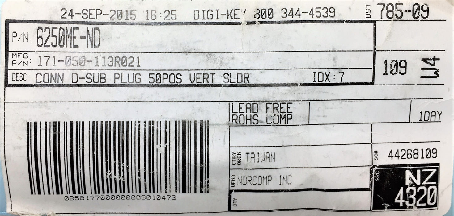 NORCOMP Connector D-Sub Plug 50POS Vert SLDR 6250ME-ND [Lot of 3] NOS