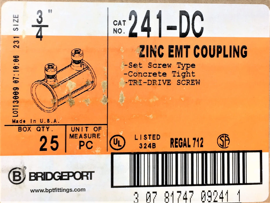 BRIDGEPORT Box of 3/4" Zinc EMT Coupling 241-DC (25pcs) NOS