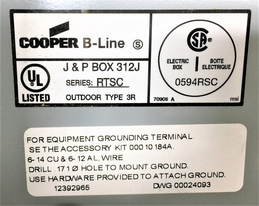 COOPER B-LINE 10" x 8" x 4-1/2" Power Enclosure Box 312J NOS