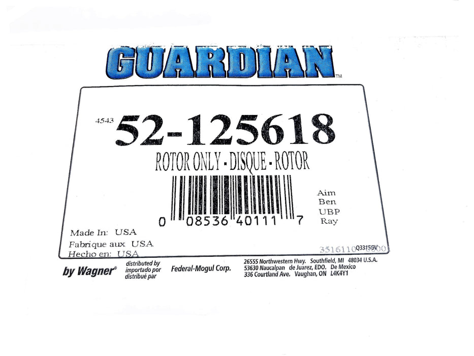 Guardian Disc Brake Rotor 52-125618 NOS