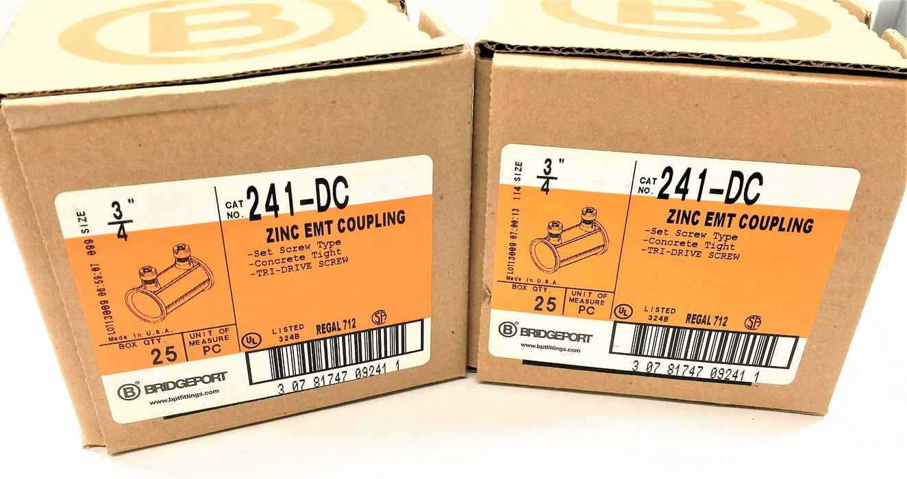 BRIDGEPORT Box of 3/4" Zinc EMT Coupling 241-DC (25pcs) [Lot of 2] NOS
