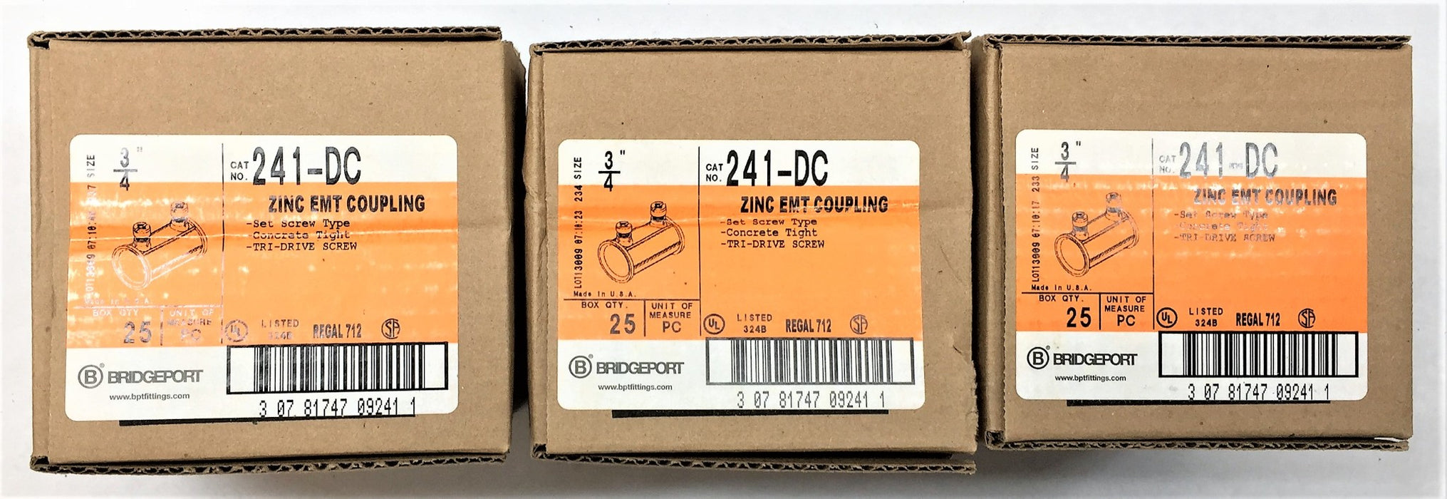 BRIDGEPORT Box of 3/4" Zinc EMT Coupling 241-DC (25pcs) [Lot of 3] NOS