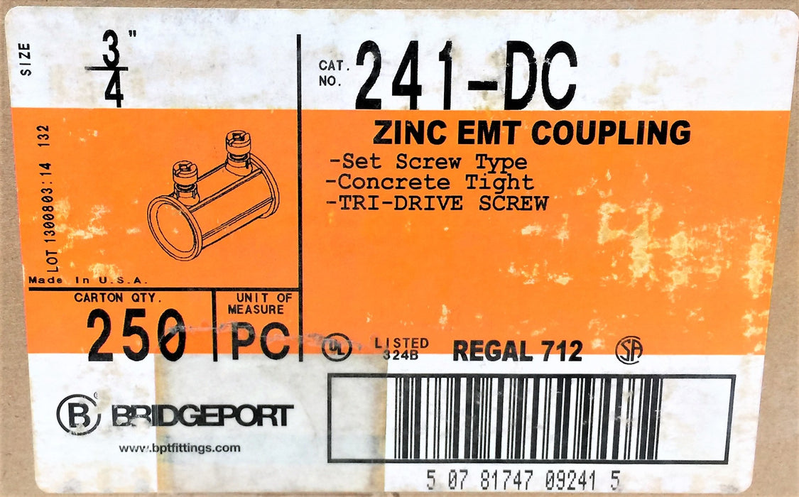 BRIDGEPORT Case of 3/4" Zinc EMT Coupling 241-DC (250pcs) NOS