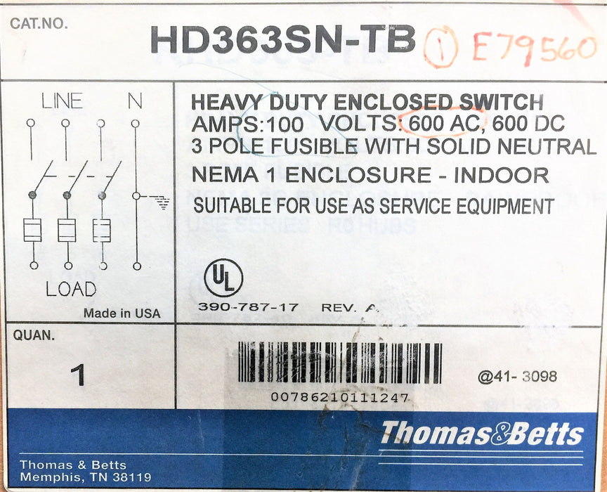 THOMAS and BETTS Heavy Duty Safety Switch HD363SN-TB NOS