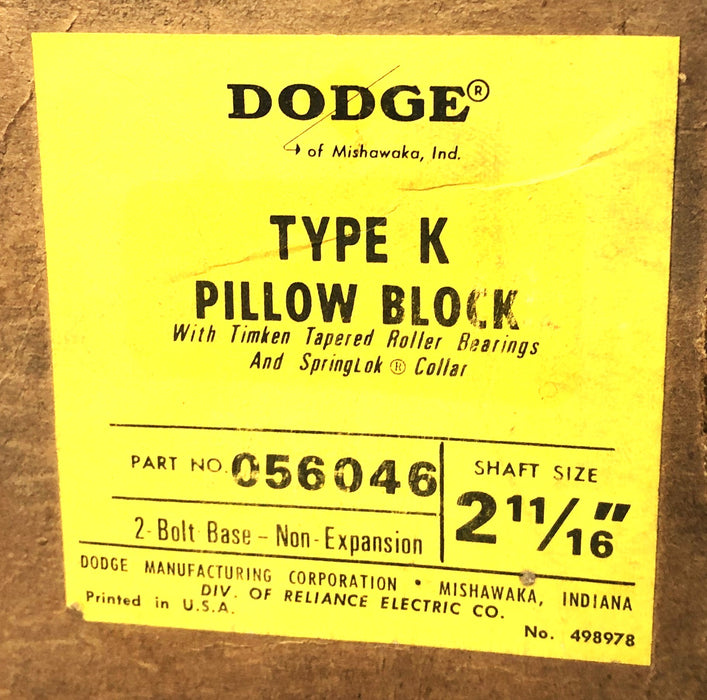 Dodge Type K 2-11/16 Inch 2 Bolt Base Non-Expansion Pillow Block 056046 NOS