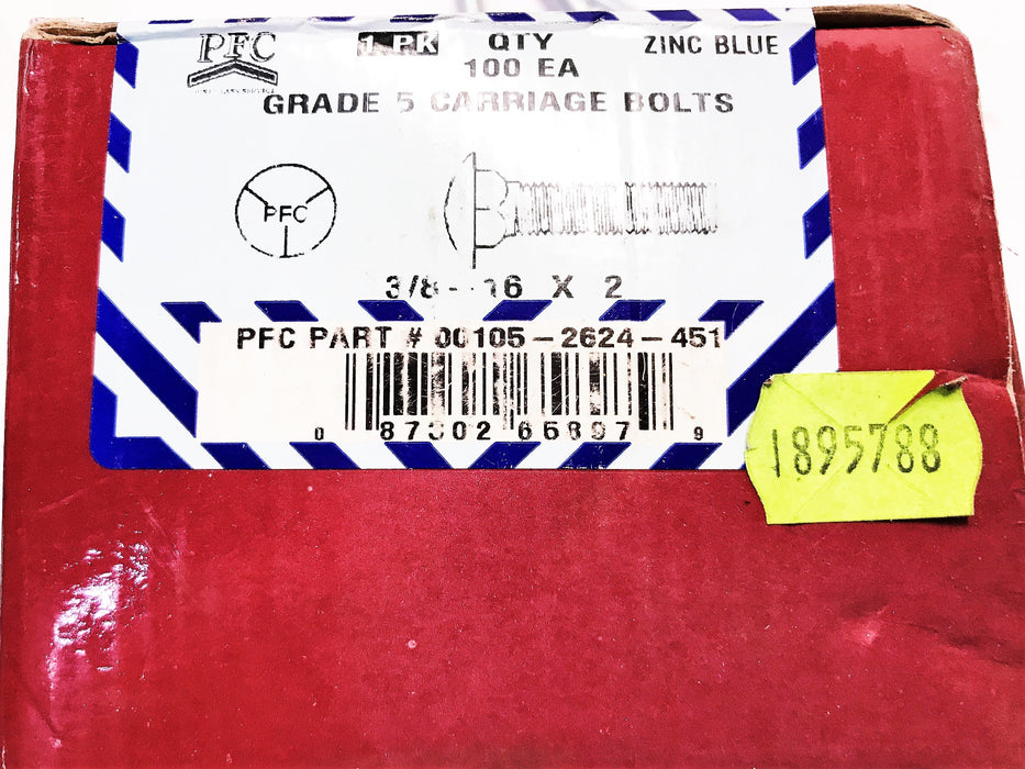 PFC 3/8-16 x 2" Carriage Bolts 105-2624-451 [Lot of 100] NOS