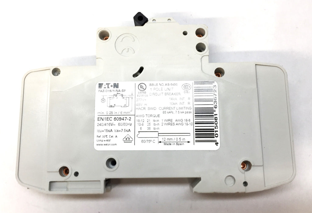 Eaton 1-Pole Miniature Circuit Breaker FAZ-D15/1-NA-SP USED