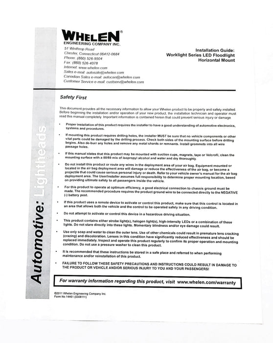Whelen WWL100 12V Work Light LED Floodlight Assembly 01-0686897-00 A NOS