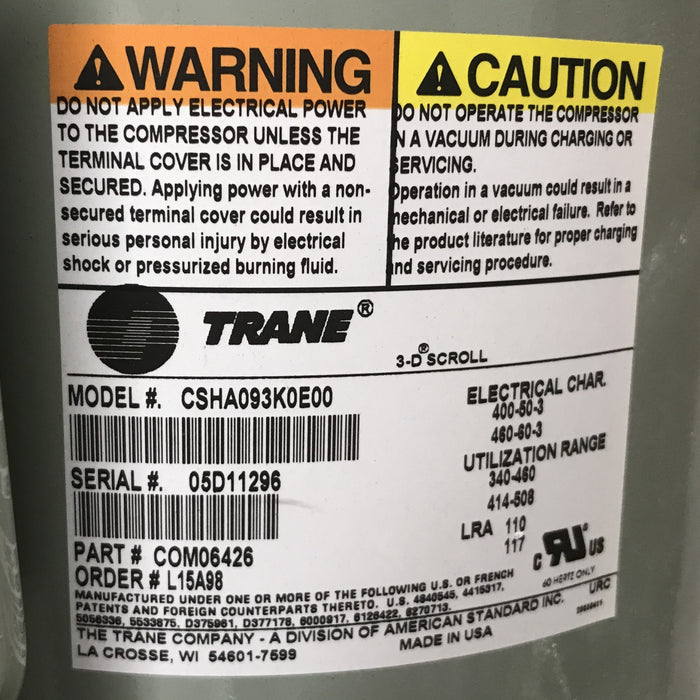 Trane American Standard R22 Scroll Compressor CSHA0930A00 NOS
