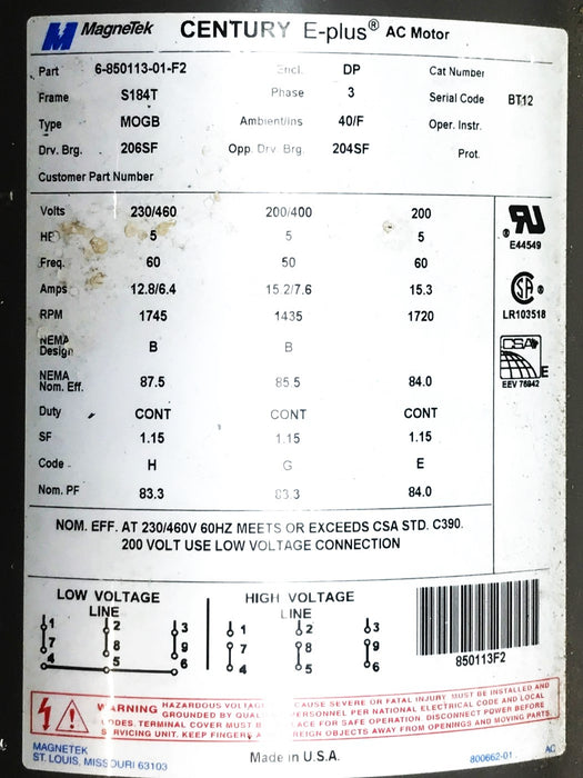 Magnetek Century E-Plus 3-Phase Motor 6-850113-01-F2 USED