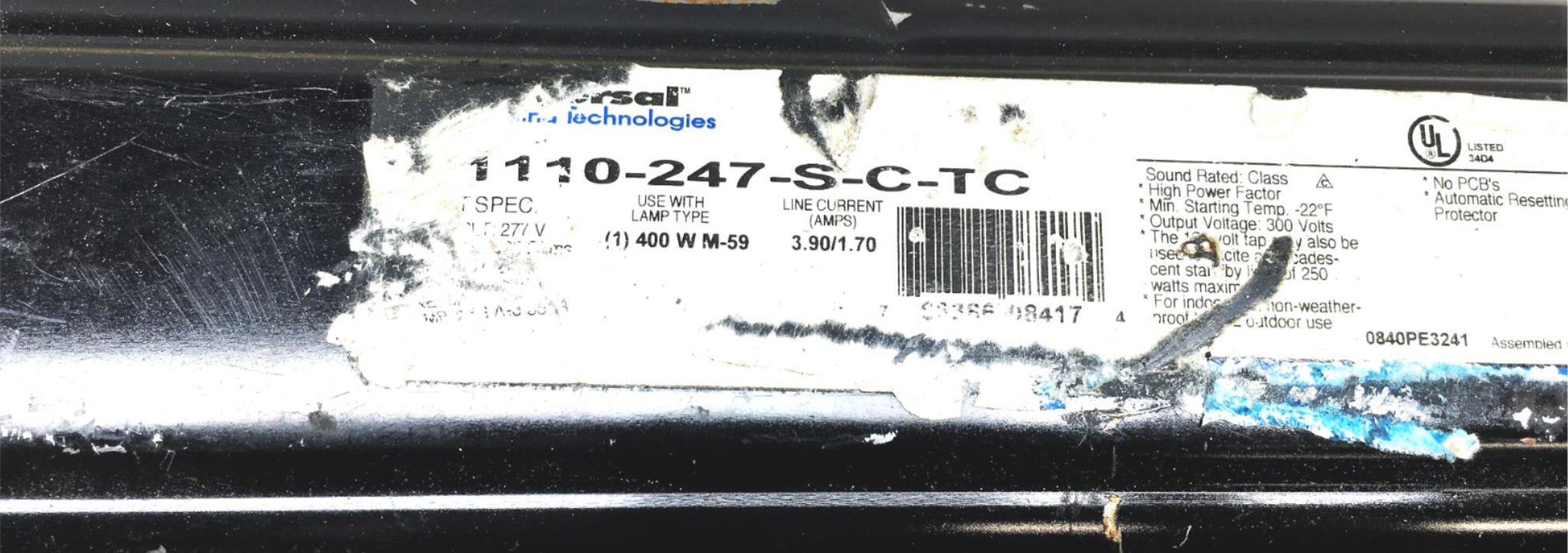 Universal Lighting Metal Halide Lamp Ballast With Connector 1110-247-S-C-TC NOS